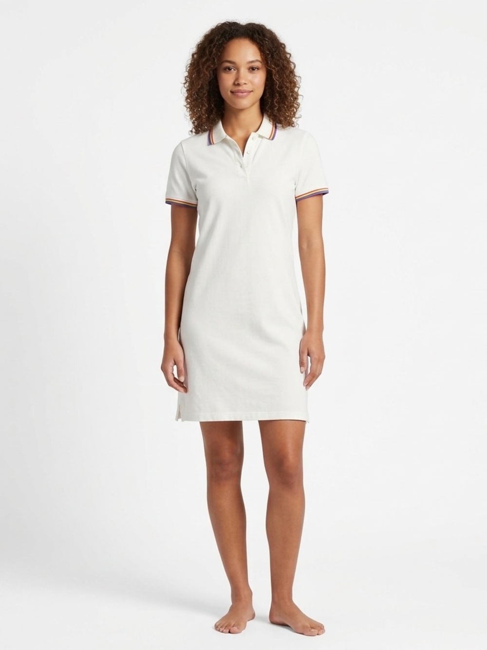 Lands End Rainbow Trim White Polo Dress 100% Cotton Size Small 6 8 Tennis